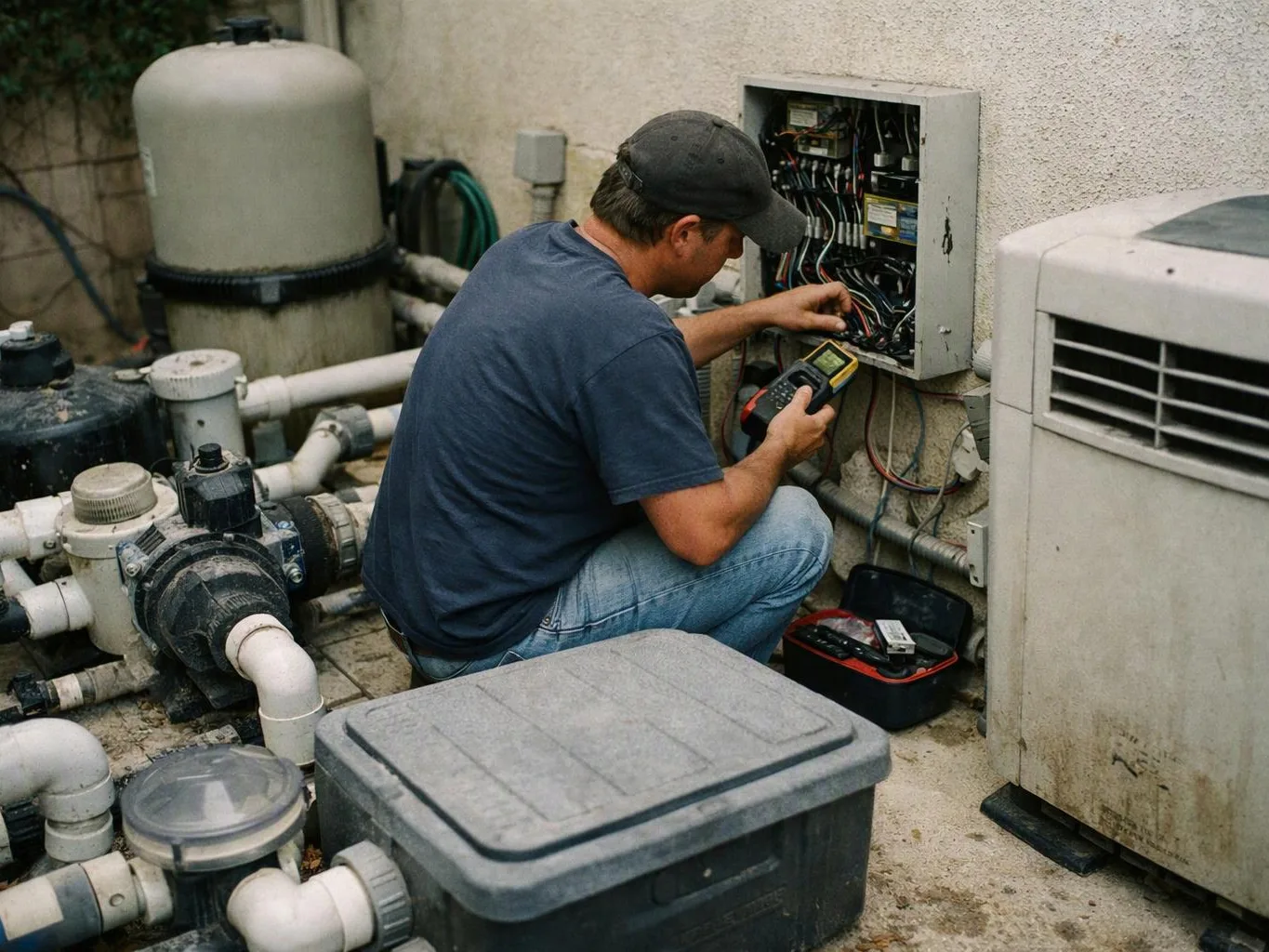 A man kneels beside pool equipment, testing wires inside an open control box with a handheld meter