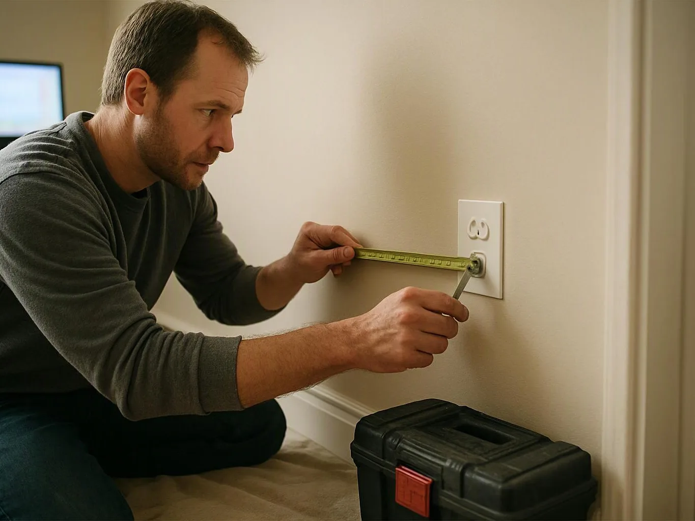 A man kneels on the floor, measuring a wall outlet with a tape measure and tool near his hand