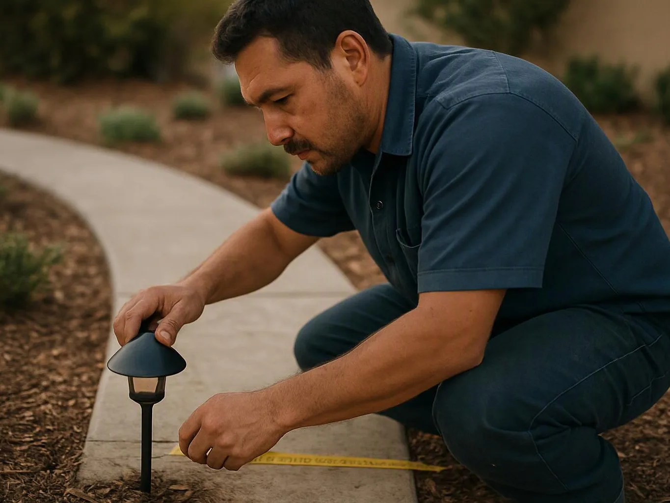 A man kneels by a garden path, adjusting a small black landscape light in the soil