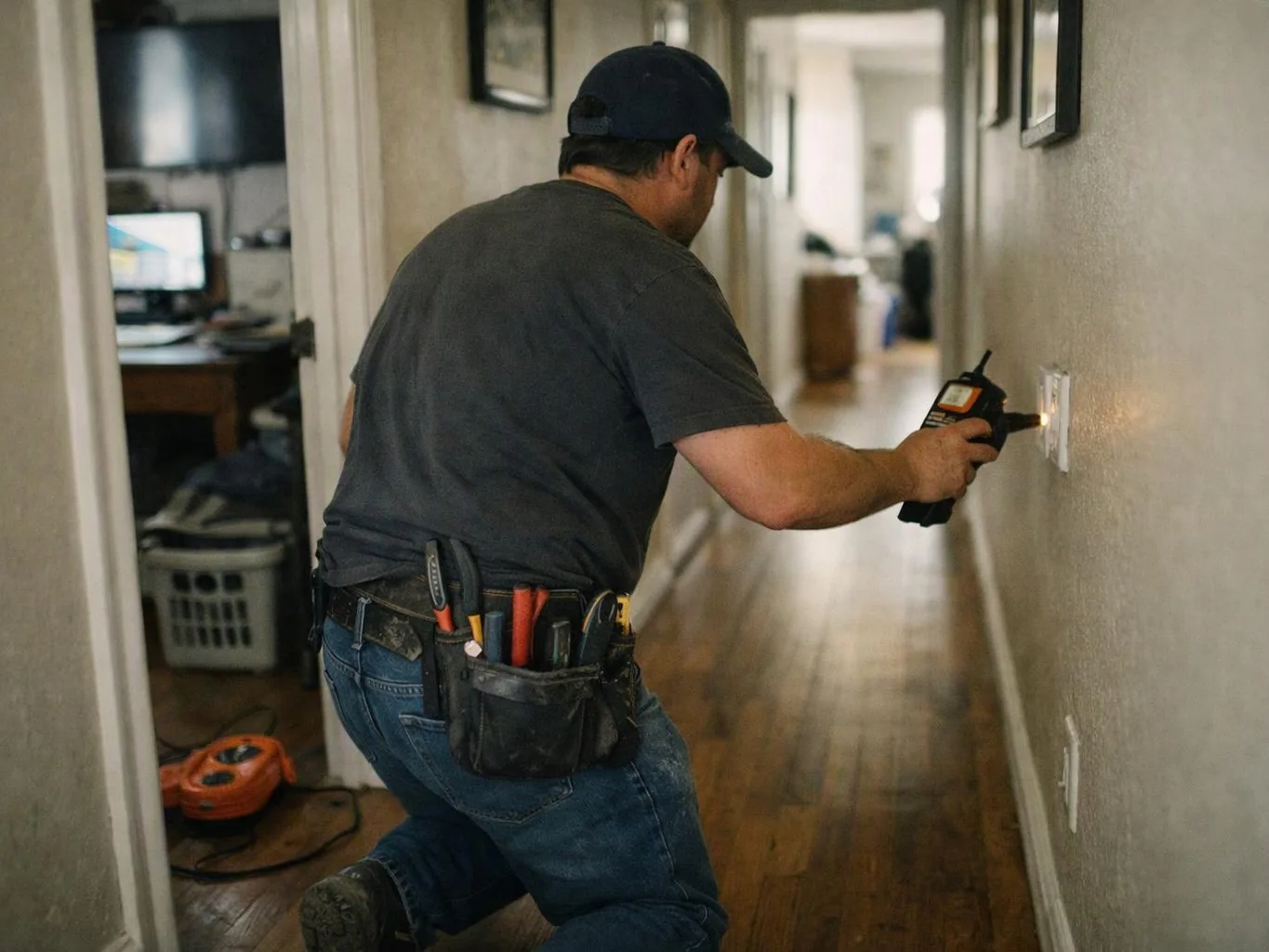 A man kneels in a hallway, using a handheld meter to test an electrical outlet