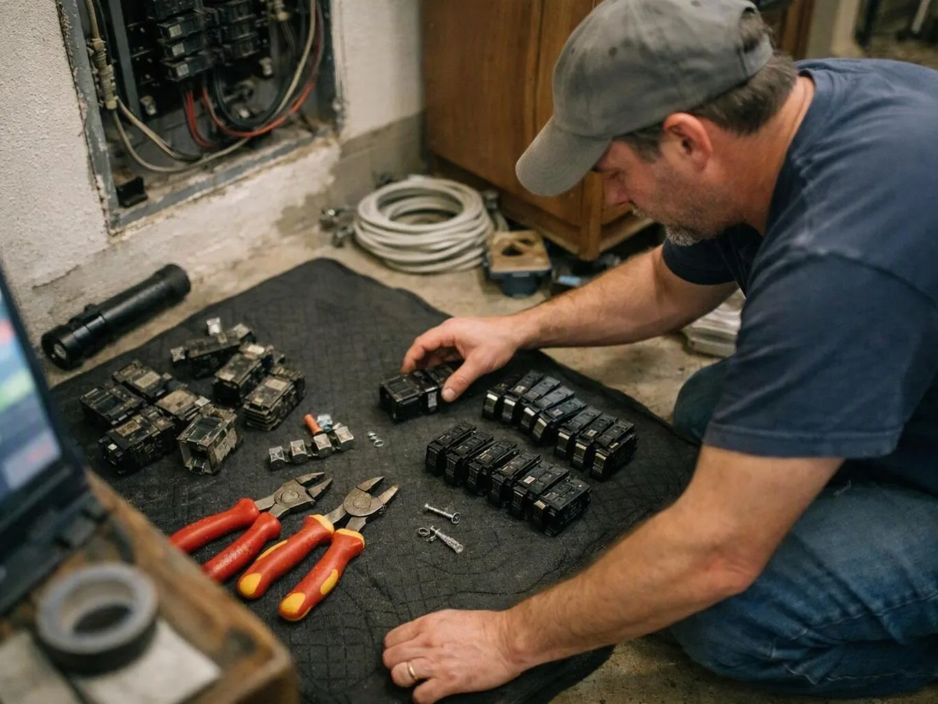 A man kneels on a mat, sorting electrical circuit breakers with pliers and small parts in a workshop area