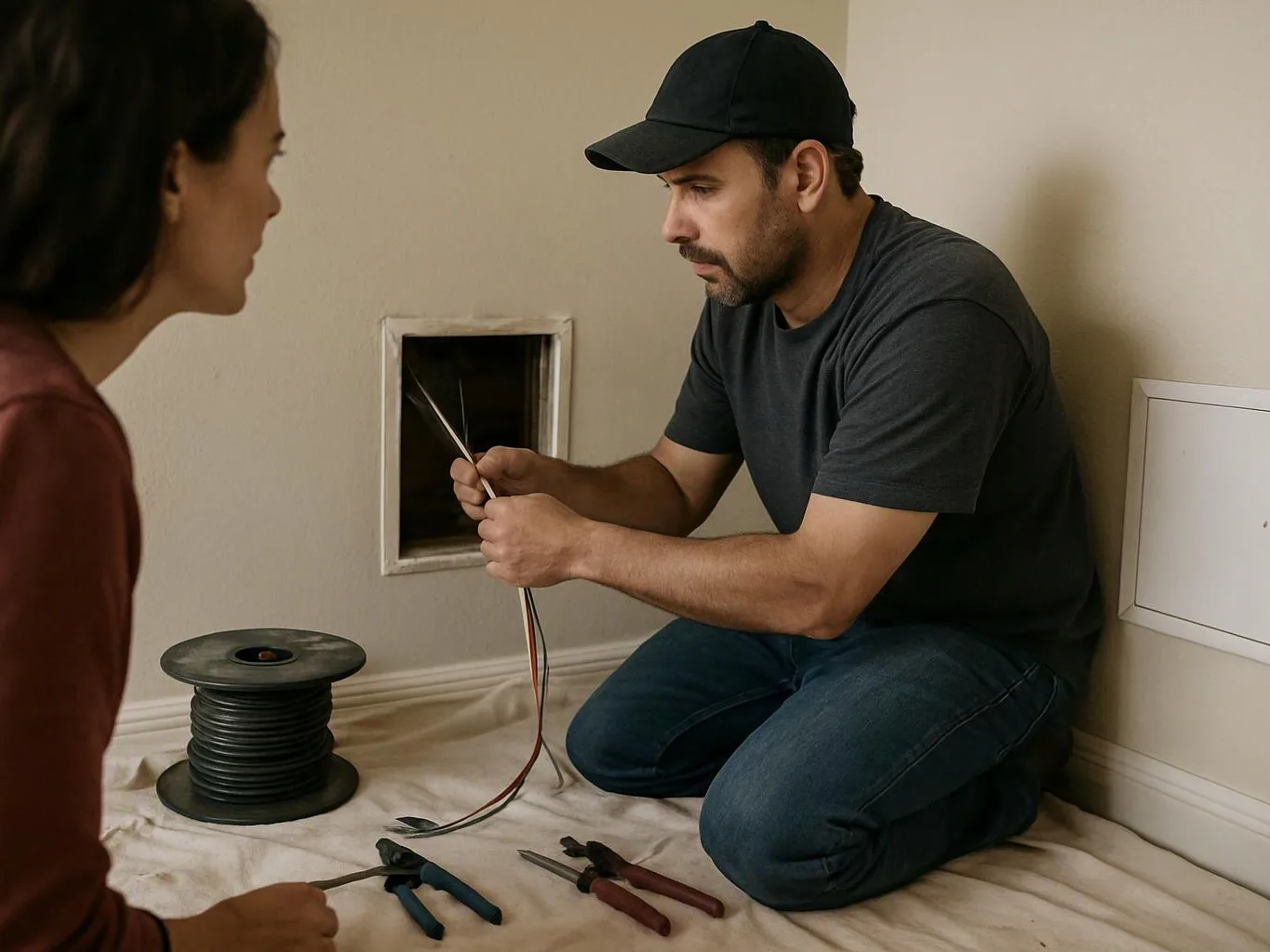 A man kneels by a wall opening, stripping wires while a woman watches nearby on a drop cloth