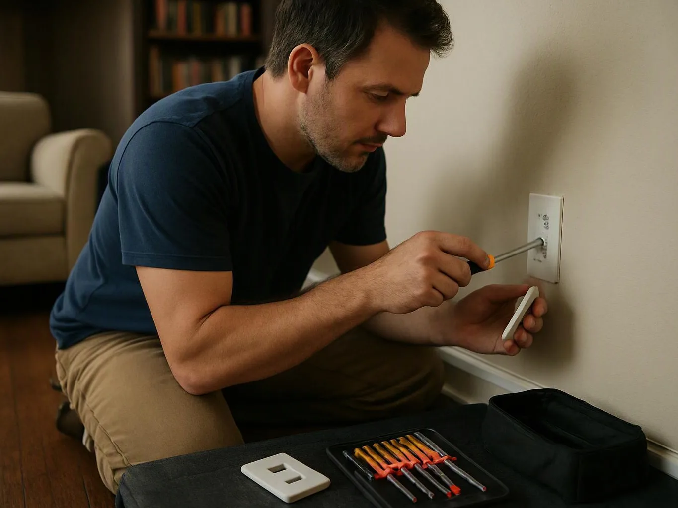 A man kneels by a wall outlet, using a screwdriver while holding a small white cover in a living room