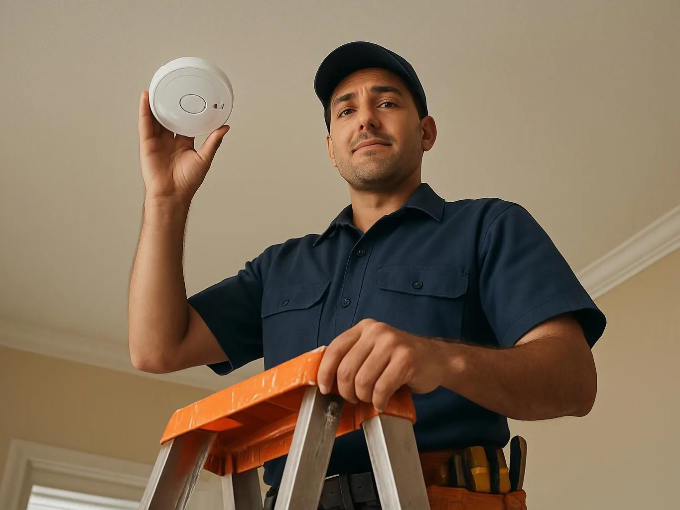 A man on a ladder holds a white smoke detector inside a beige room