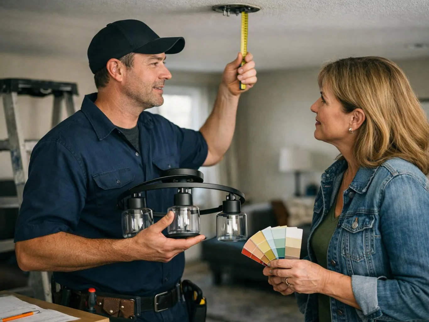 A man measures the ceiling while holding a light fixture, as a woman studies paint swatches in a room