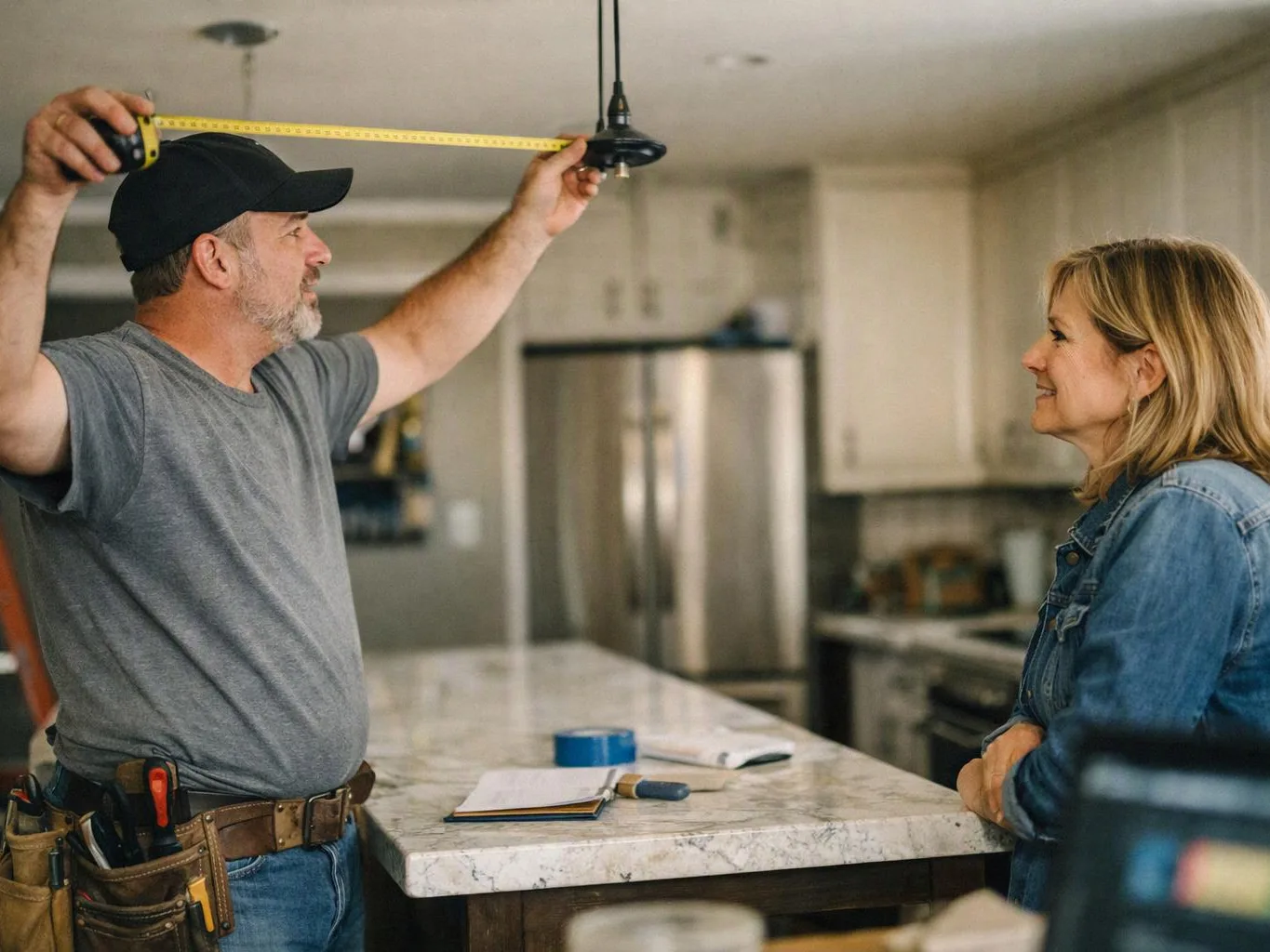 A man measures a hanging light fixture while a woman watches in a modern kitchen