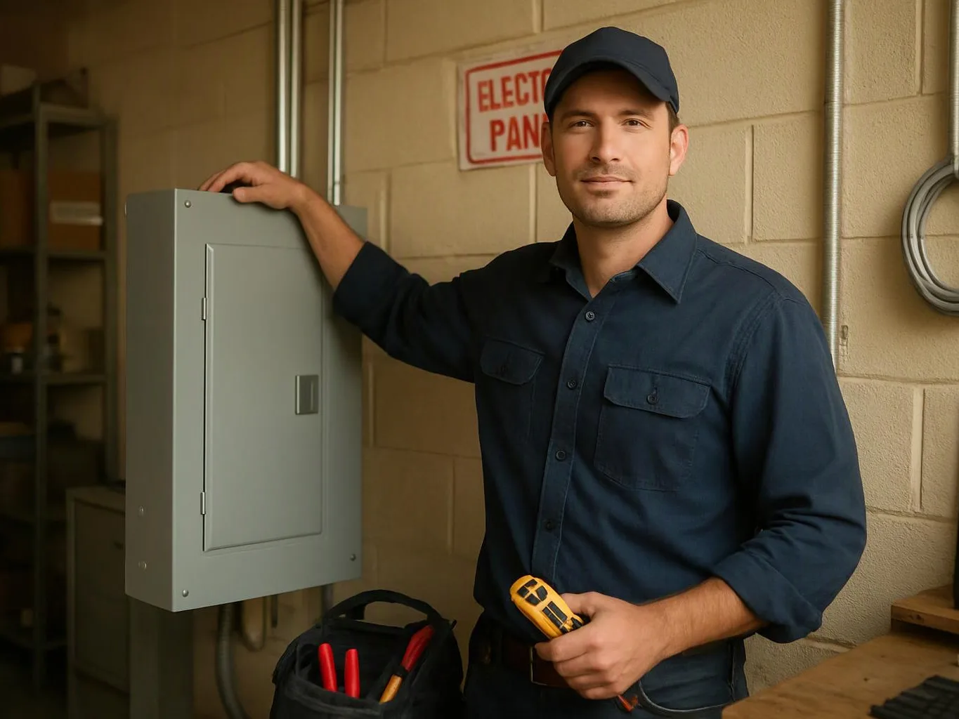 A man in a navy cap stands beside an electrical panel, holding a tester in a utility room