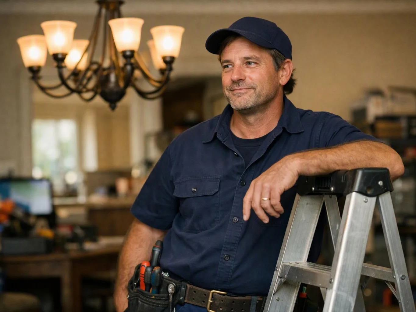 A man in a navy cap and work shirt leans on a step ladder inside a warmly lit room