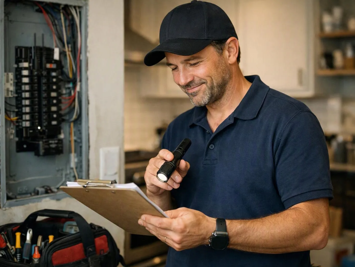 A man in a navy shirt and cap checks an electrical panel with a flashlight and clipboard in a kitchen