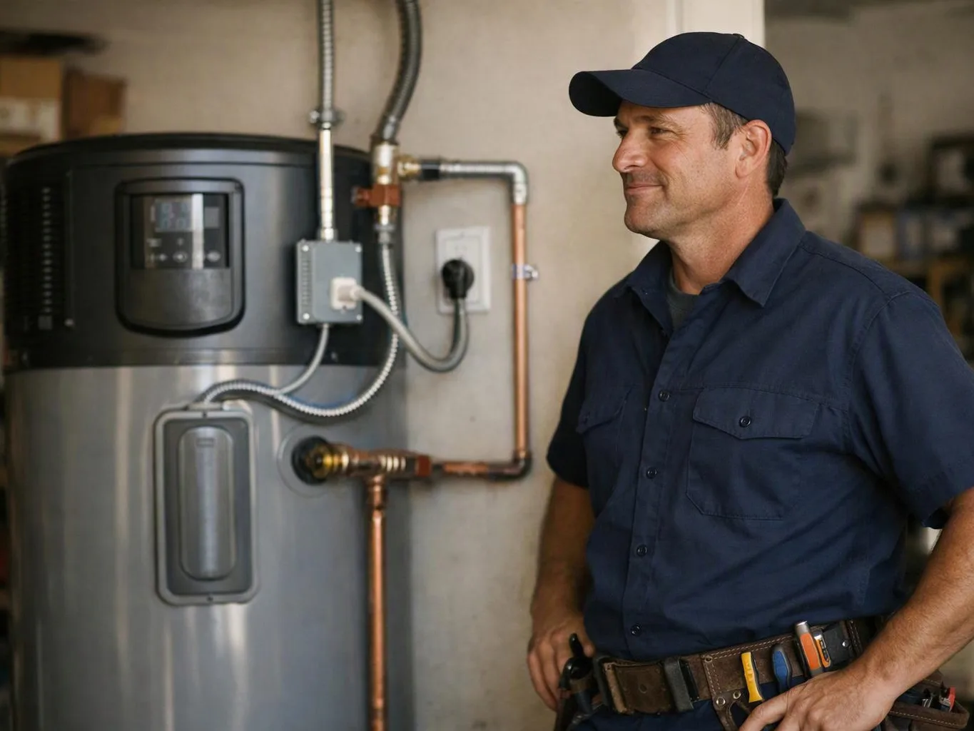 A man in a navy uniform stands beside a water heater and copper pipes in a garage-like room