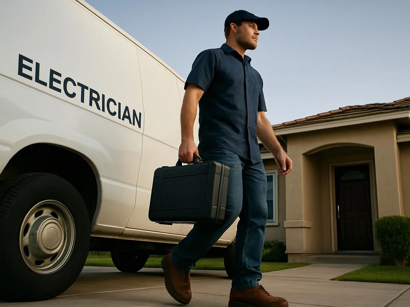 A man in a navy uniform walks beside a white electrician van, carrying a black toolbox near a house driveway