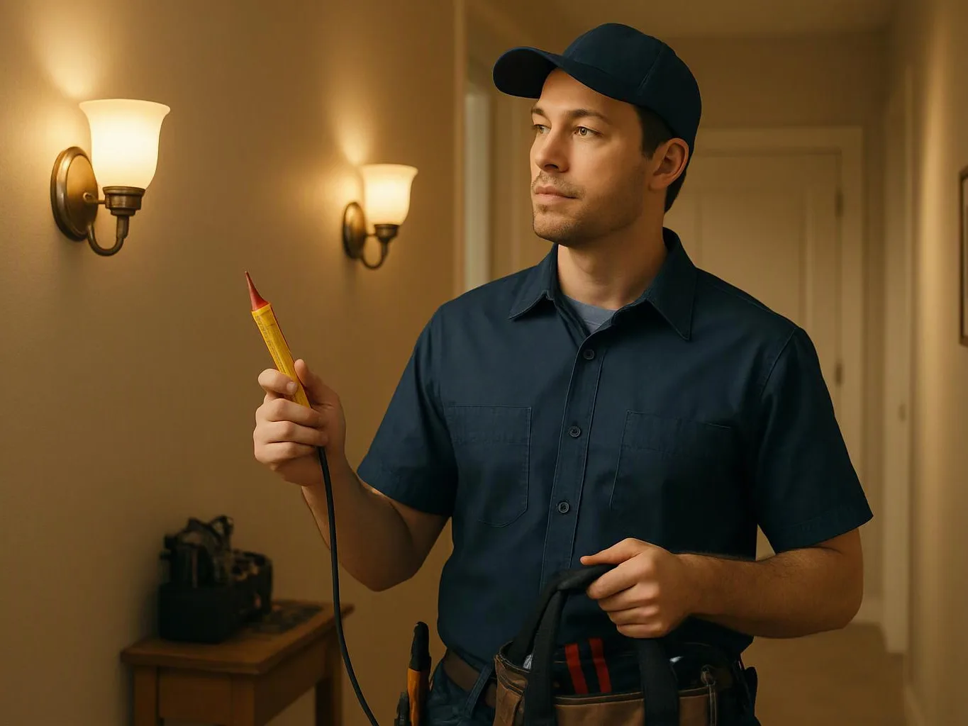 A man in a navy work uniform holds a cable and tool in a lit hallway