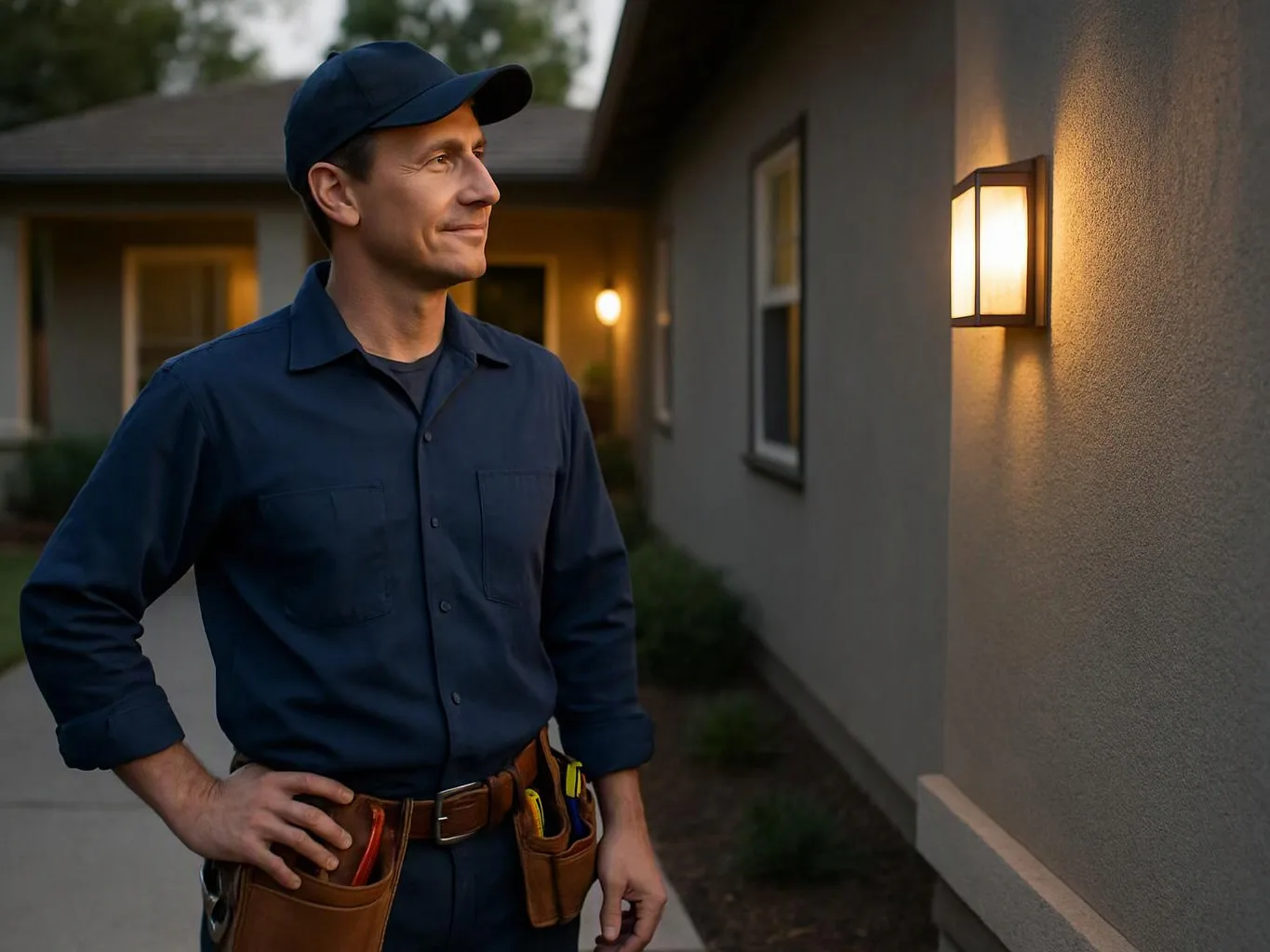 A man in a navy work uniform stands beside a lit wall lamp outside a house at dusk