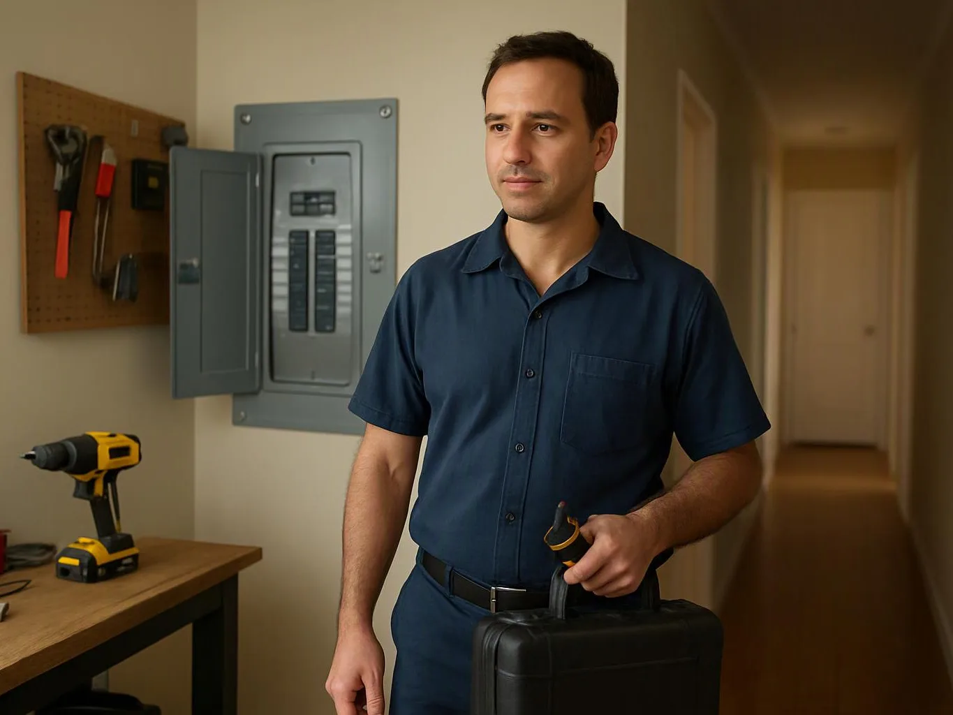 A man in a navy work uniform stands in a hallway holding a tool case beside an open electrical panel