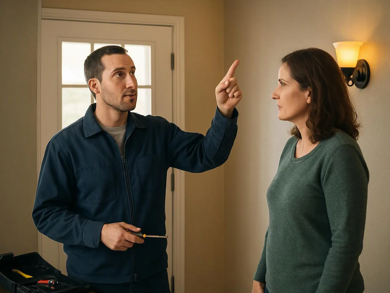 A man points upward while holding a screwdriver, facing a woman in a softly lit hallway