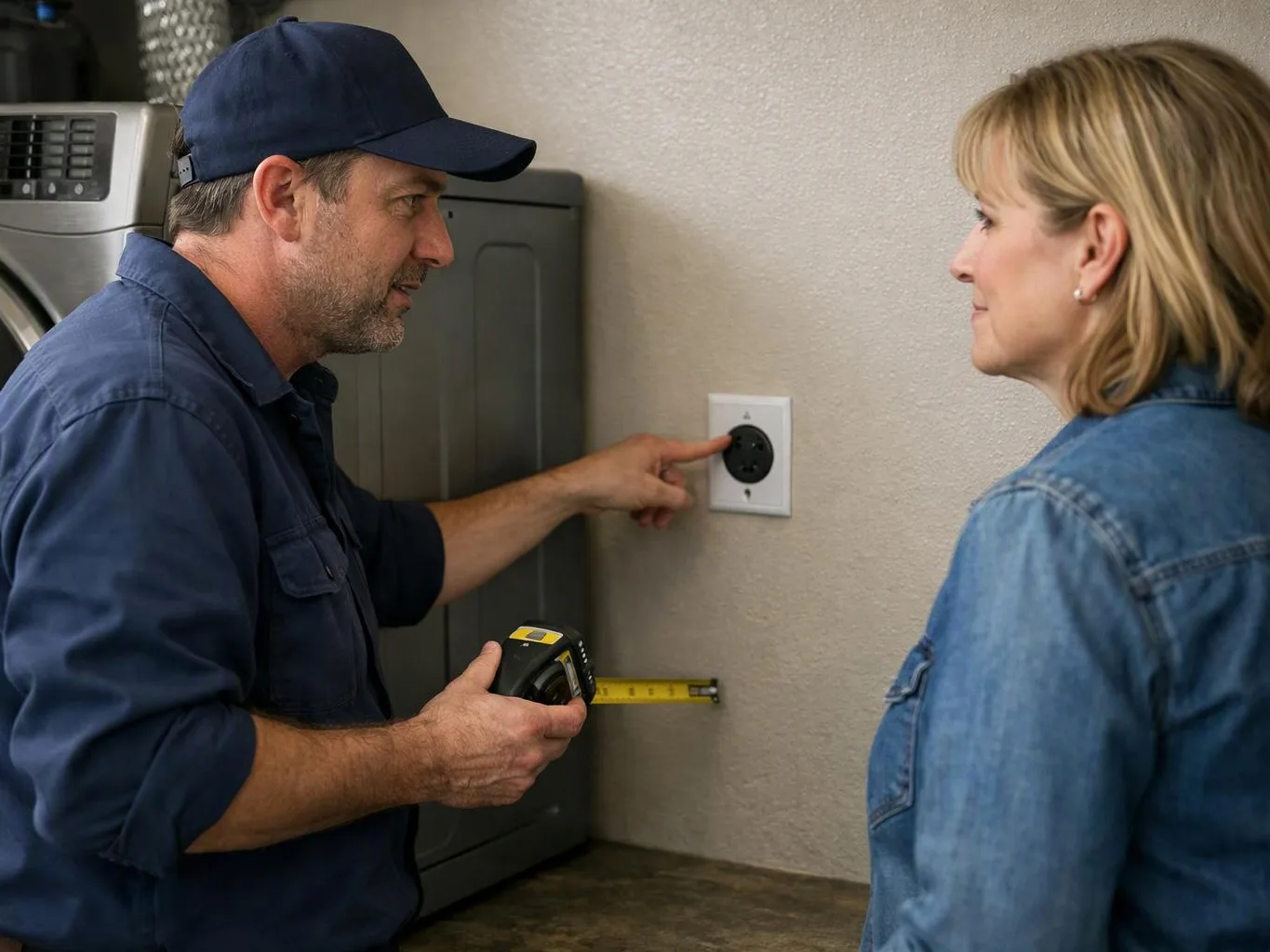 A man points at a wall outlet while holding a tape measure and talking with a woman in a laundry room