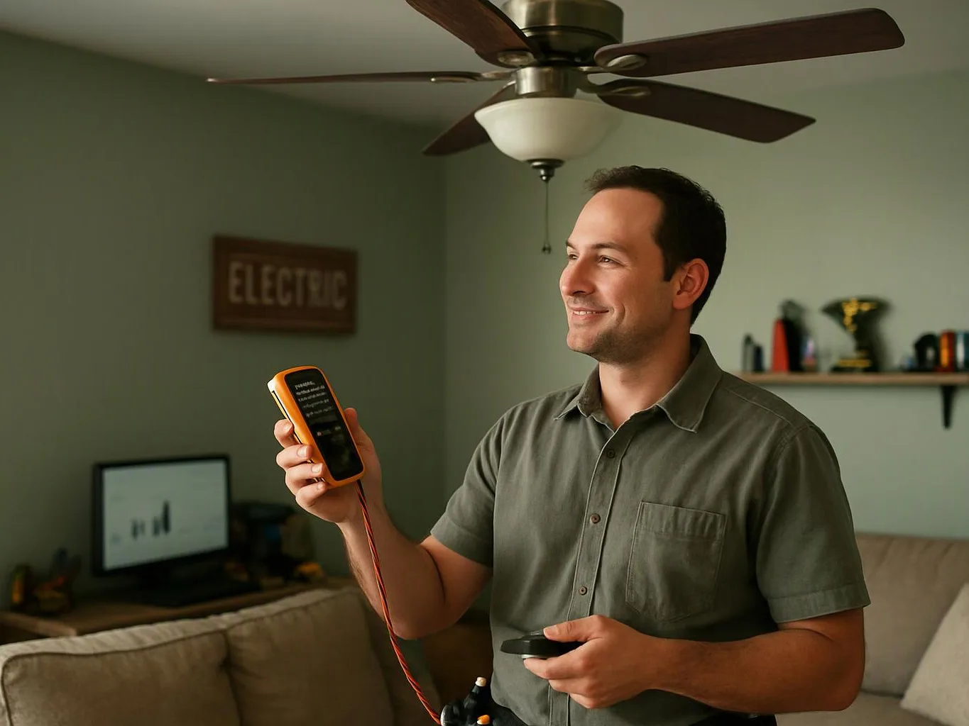 A man smiles while holding a handheld meter and a cable in a living room with a ceiling fan