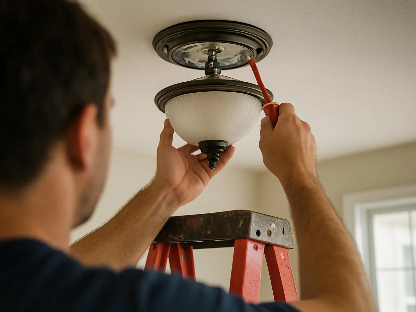 A man stands on a red ladder, using a screwdriver to install a ceiling light fixture