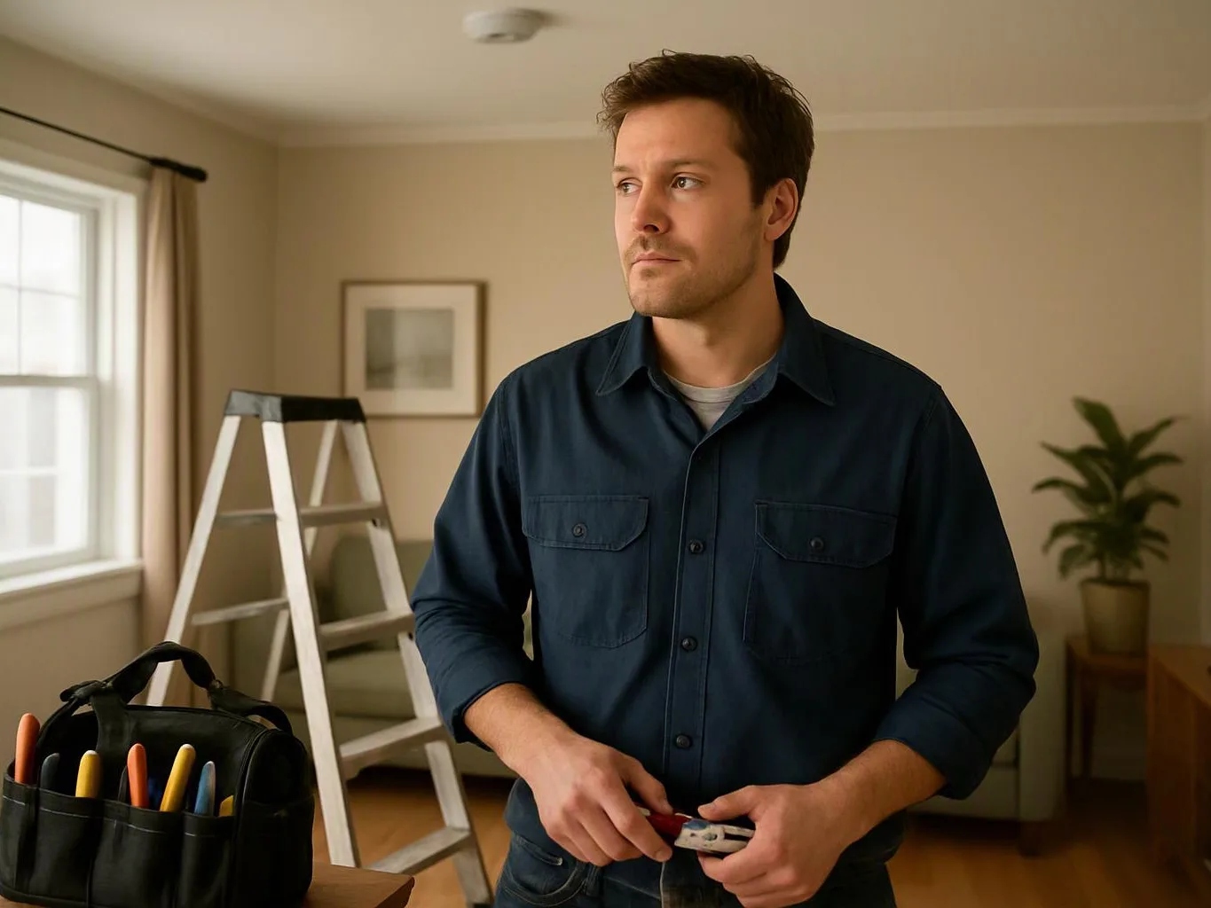 A man stands in a room with a ladder, holding a tool, while a bag of tools sits on a table