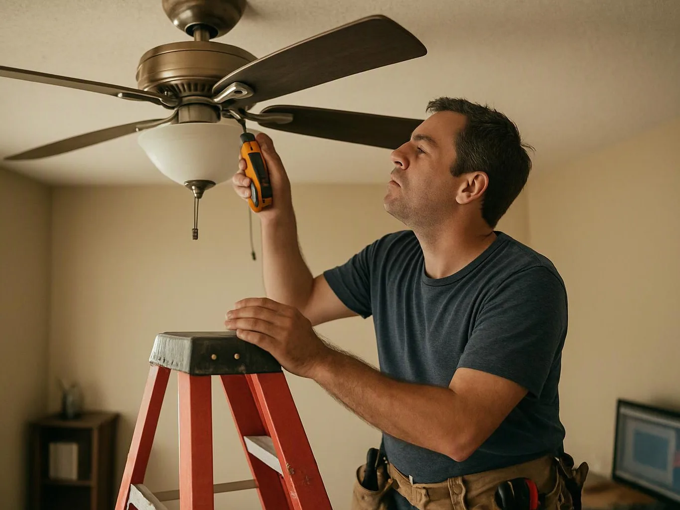 A man on a step ladder adjusts a ceiling fan with a handheld tool in a beige room