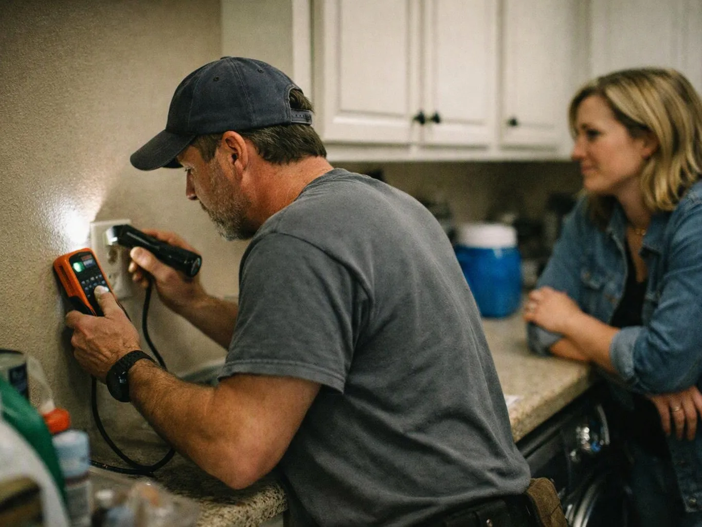 A man tests an electrical outlet with a handheld device while a woman watches in a kitchen