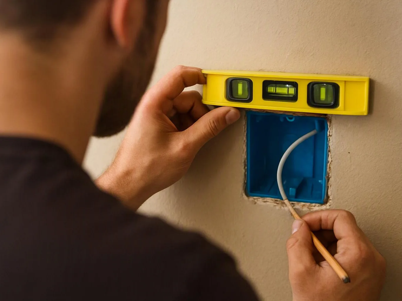 A man uses a level and pencil to mark a wall around a blue electrical box opening