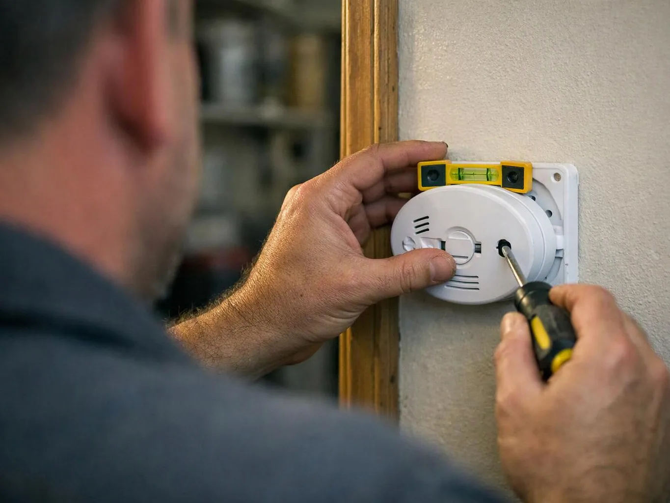 A man uses a screwdriver to mount a round white device on an indoor wall with a level on top