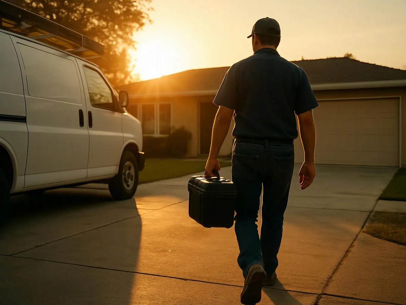 A man walks down a driveway at sunset, carrying a black case beside a white van and a house