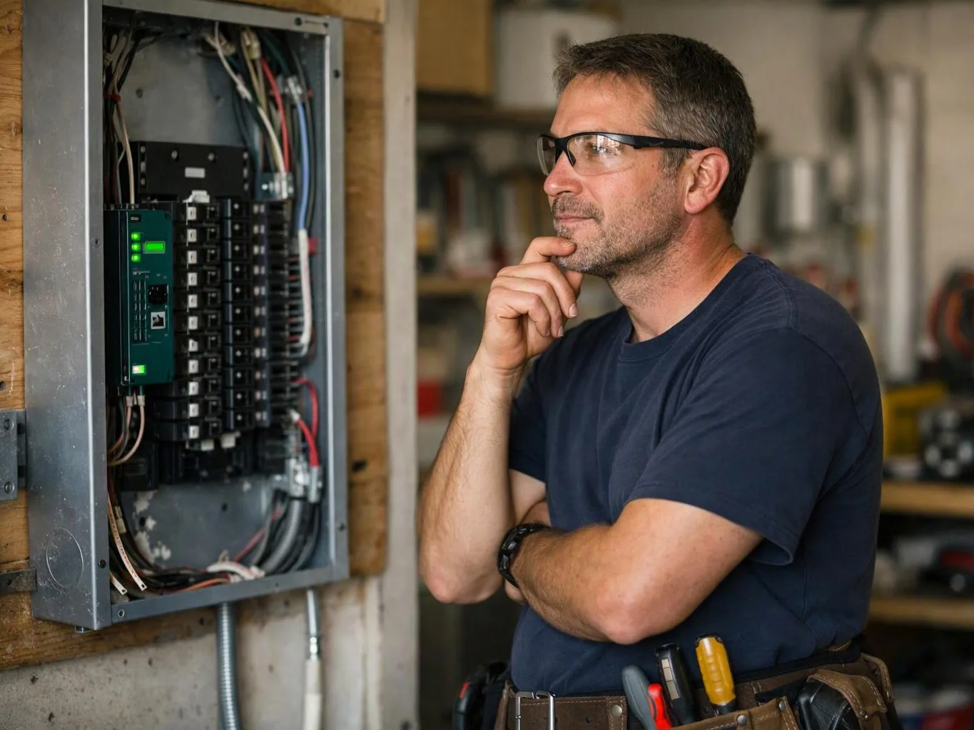 A man wearing safety glasses studies an open electrical panel in a workshop, hand on chin