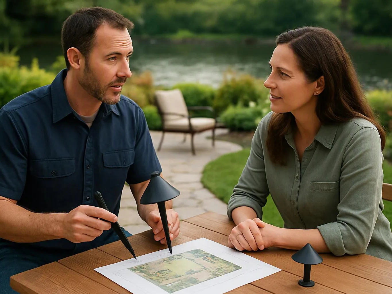 A man and woman review a garden plan on an outdoor table beside a lake