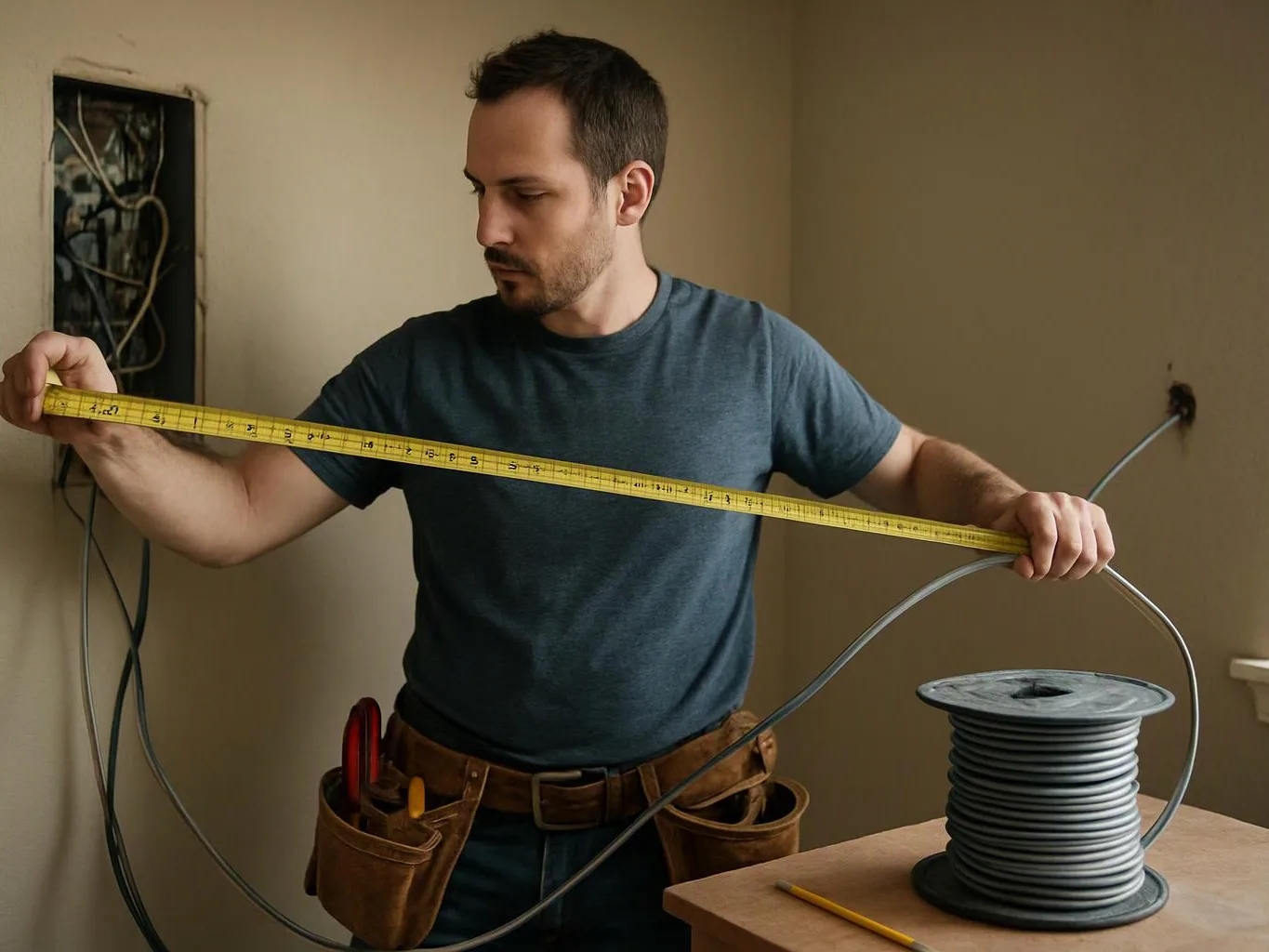 A man in a work belt measures a gray cable beside an open wall box in a bare room