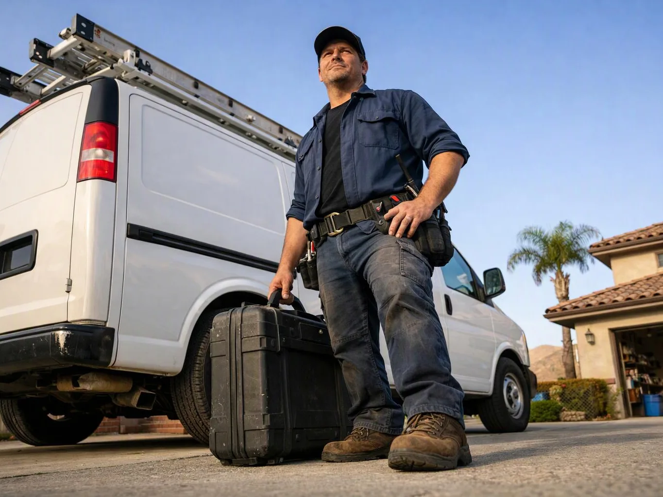 A man in work clothes stands beside a white utility van, holding a hard case in a driveway