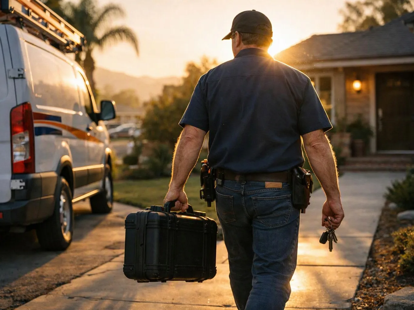 A man in work clothes walks down a driveway carrying a toolbox and keys beside a white van at sunset