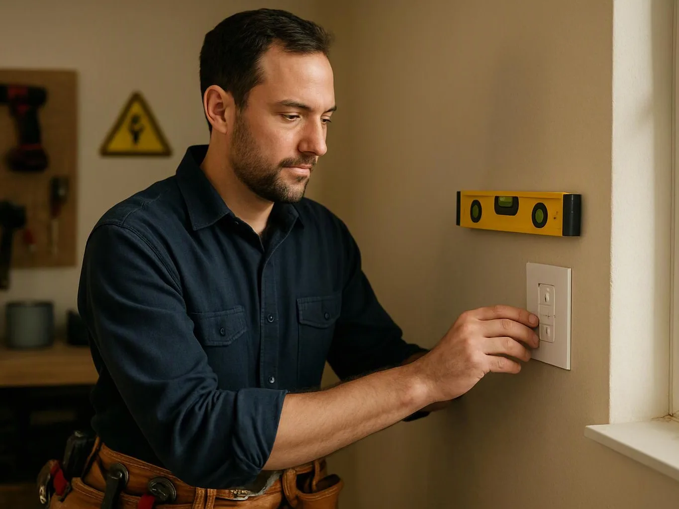 A man in a work shirt adjusts a wall light switch beside a yellow level in a home interior
