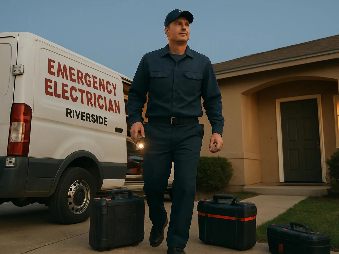 A man in a work uniform walks beside an emergency electrician van with tool cases outside a house at dusk