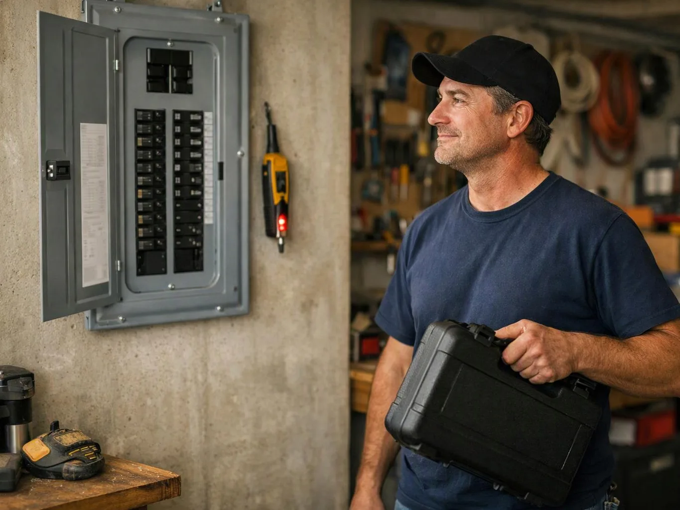 A man in a workshop holds a black case beside an open electrical breaker panel