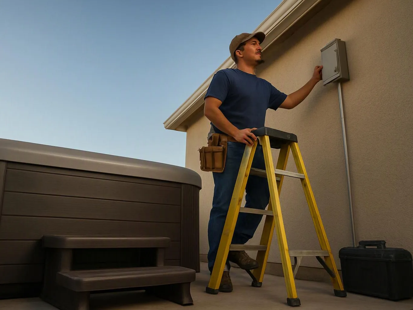 A man on a yellow ladder checks a wall-mounted electrical box beside a hot tub outside a house