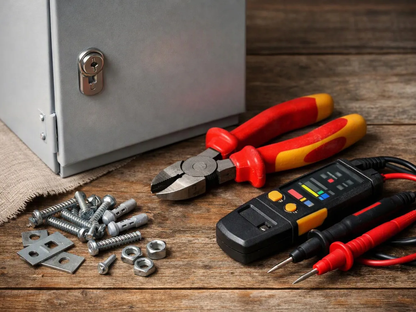 A metal box sits beside pliers, screws, nuts, and an electrical tester on a wooden surface
