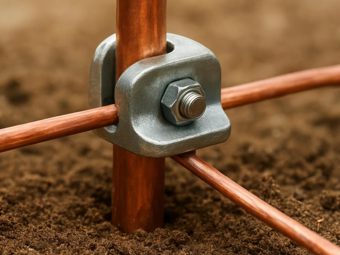 A metal clamp joins copper rods around a vertical copper post in loose soil