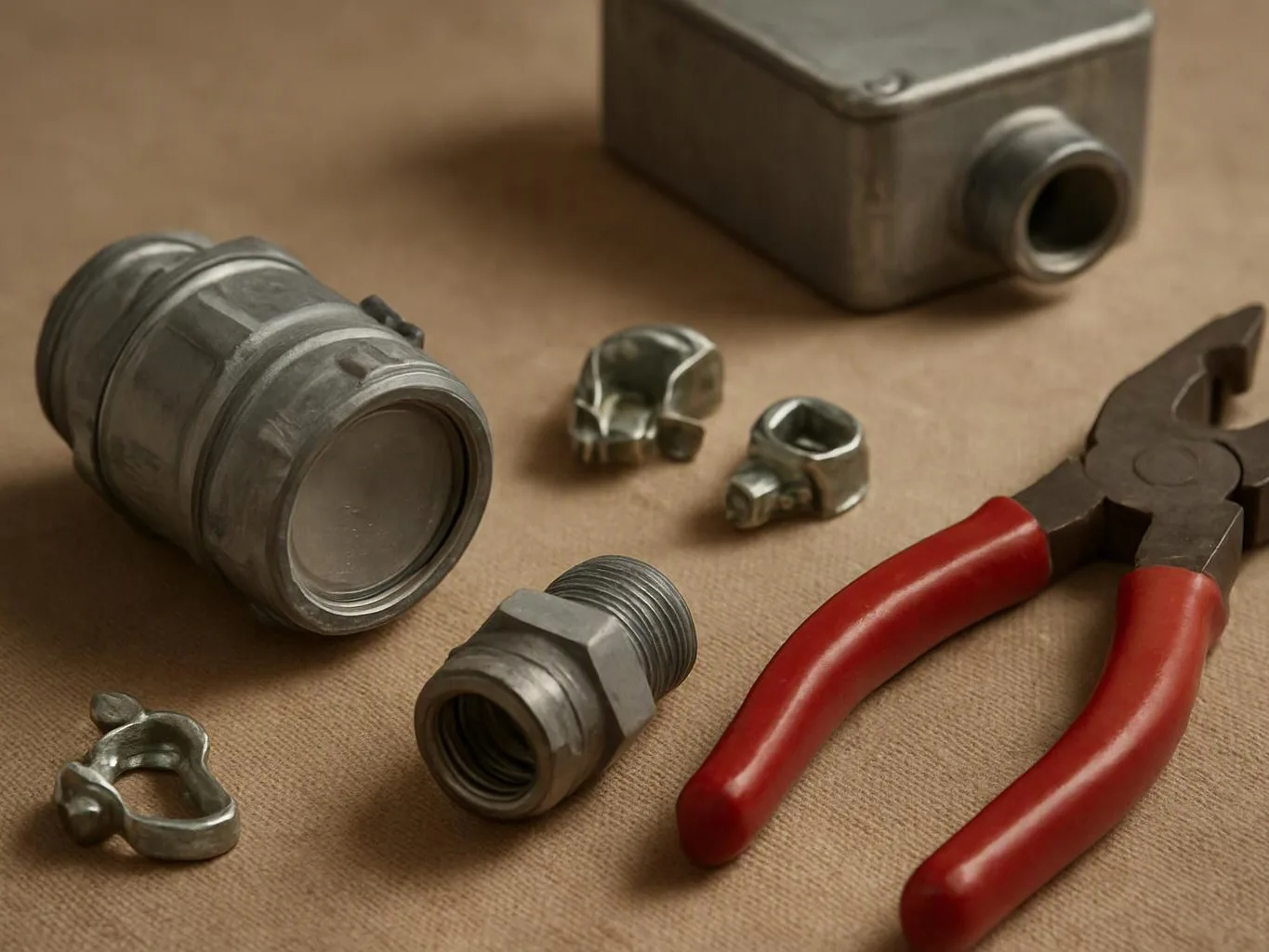Metal fittings, clamps, and a red-handled pliers rest on a brown work surface