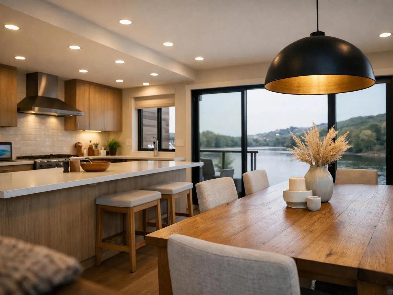 A modern kitchen and dining area shows a wooden table, island stools, and large windows over water