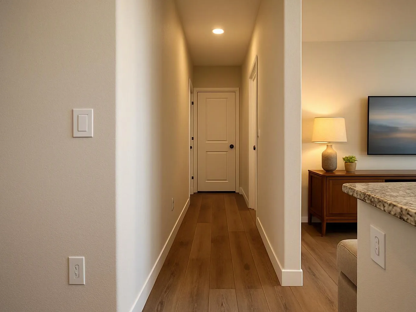 A narrow hallway with wood floors leads to a closed door beside a lit living room area