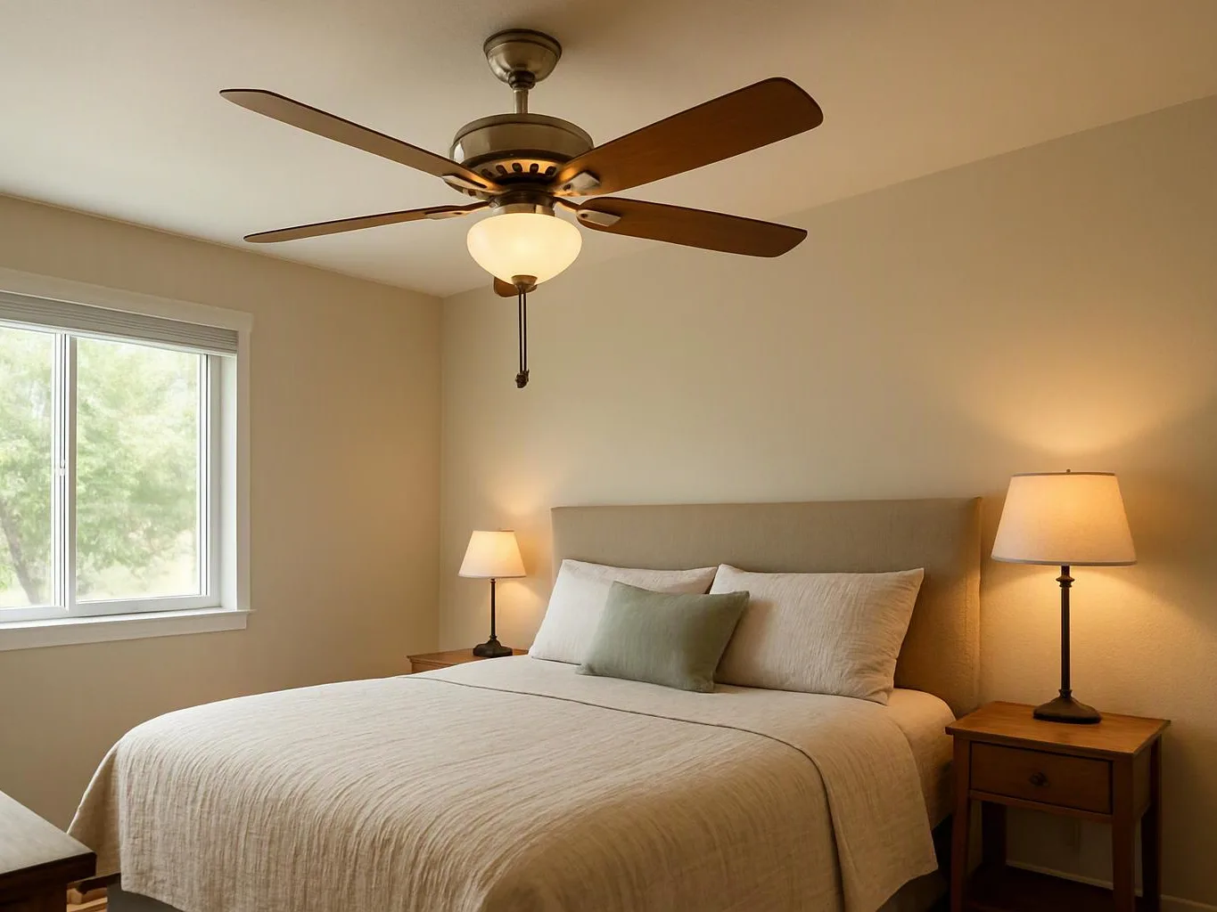 A neatly made bed sits in a beige bedroom with two lit lamps, a ceiling fan, and a window