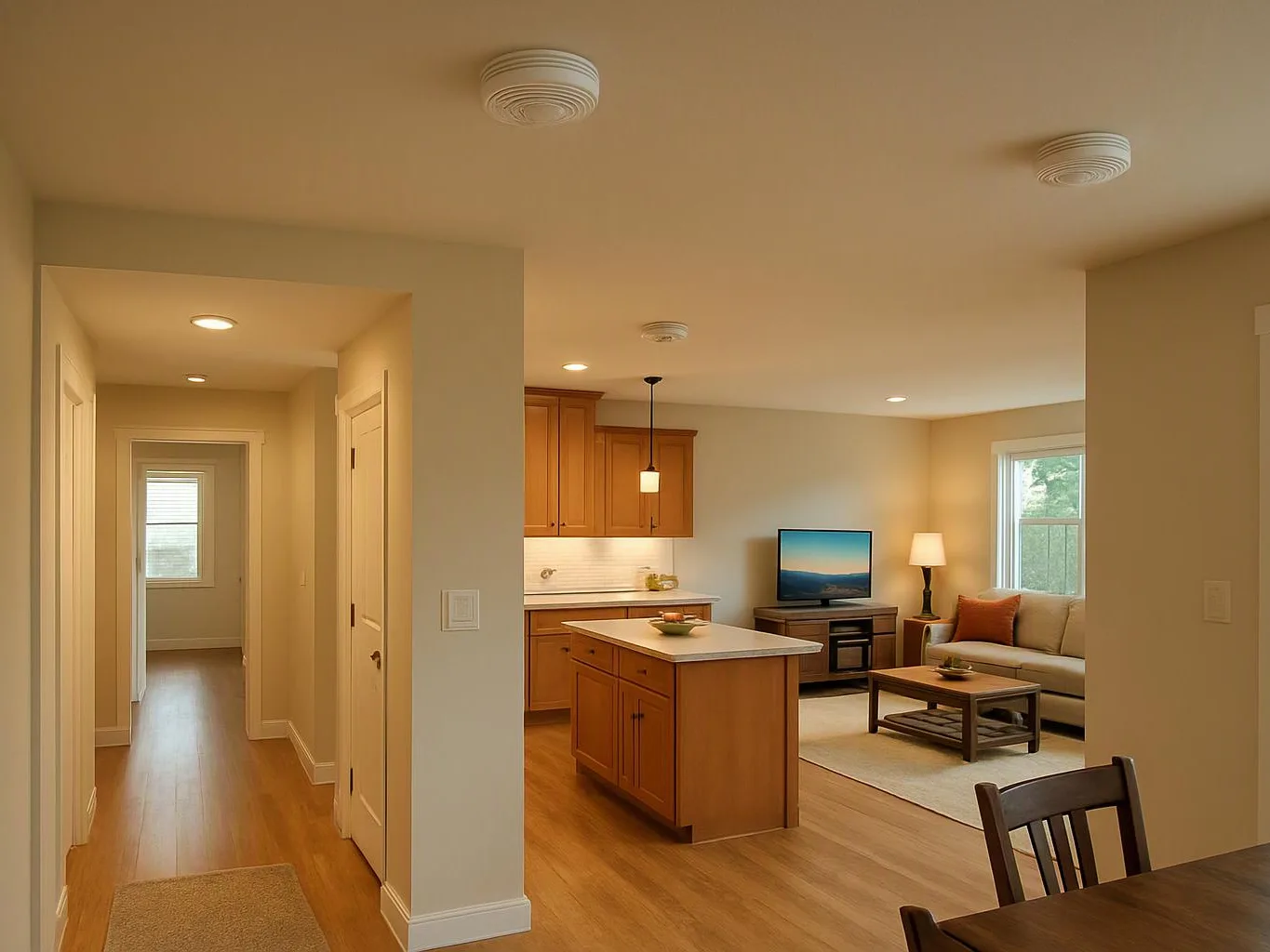 Open apartment interior with a kitchen island, hallway, and living area lit by warm lamps