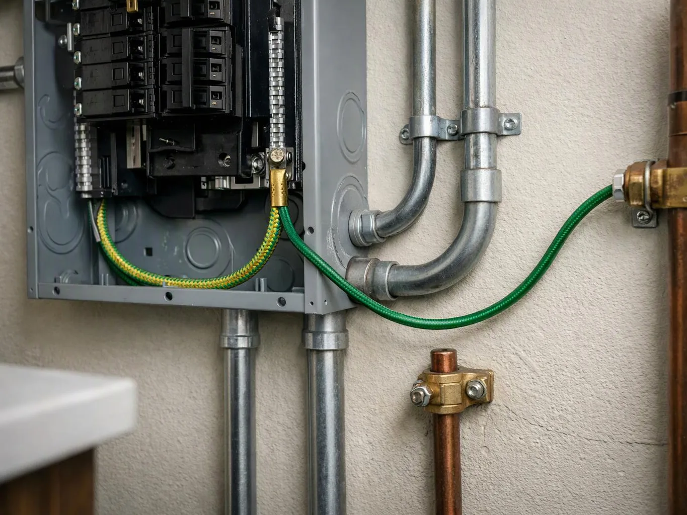 An open electrical breaker panel shows green grounding wire connected to metal conduit on a beige wall