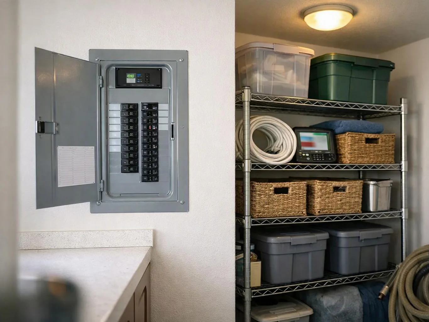 An open electrical panel hangs beside metal shelves stacked with storage bins, baskets, hoses
