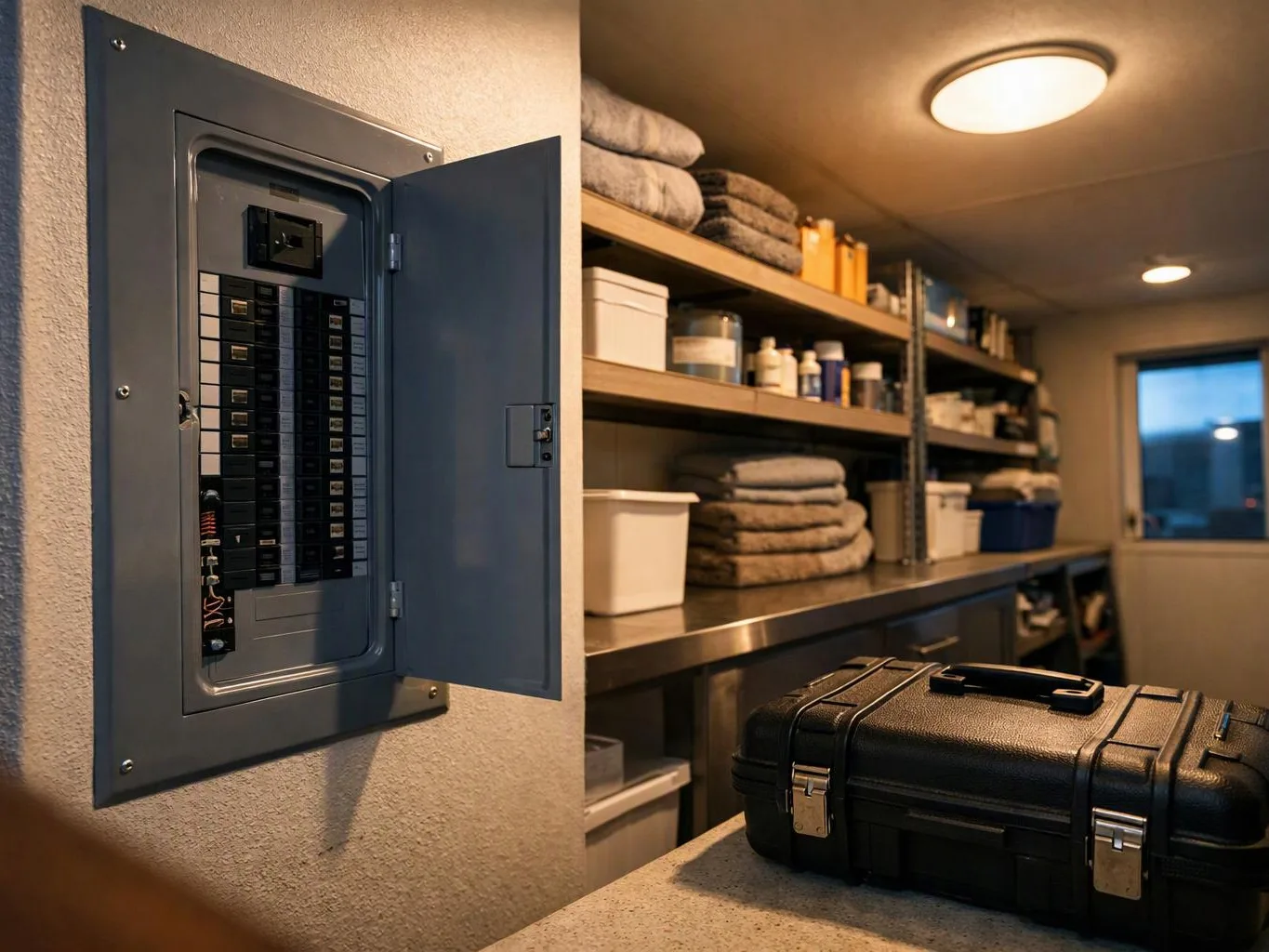An open electrical panel hangs beside shelves of towels and supplies, with a black hard case on the counter