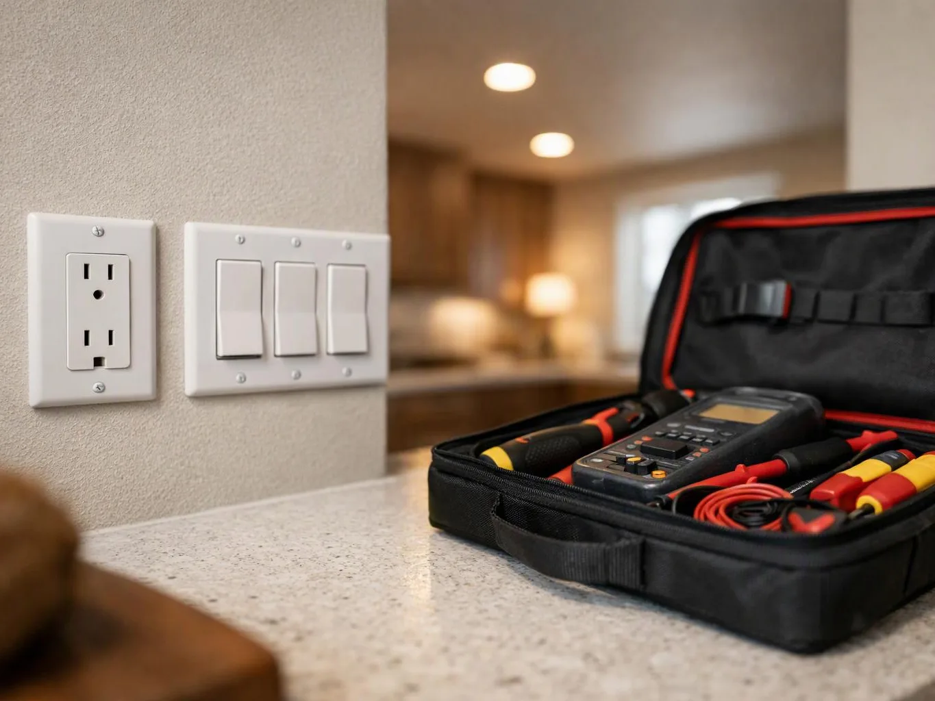 An open tool case with electrical testing tools sits on a kitchen counter beside outlets and light switches