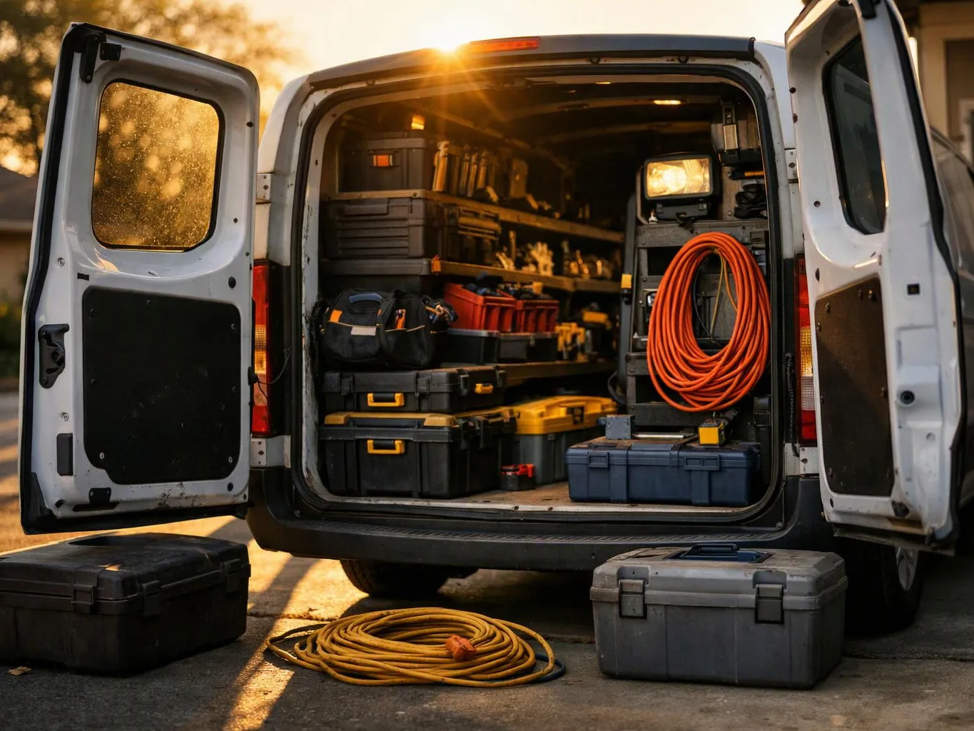 An open work van holds stacked tool cases and coiled cables in warm sunset light