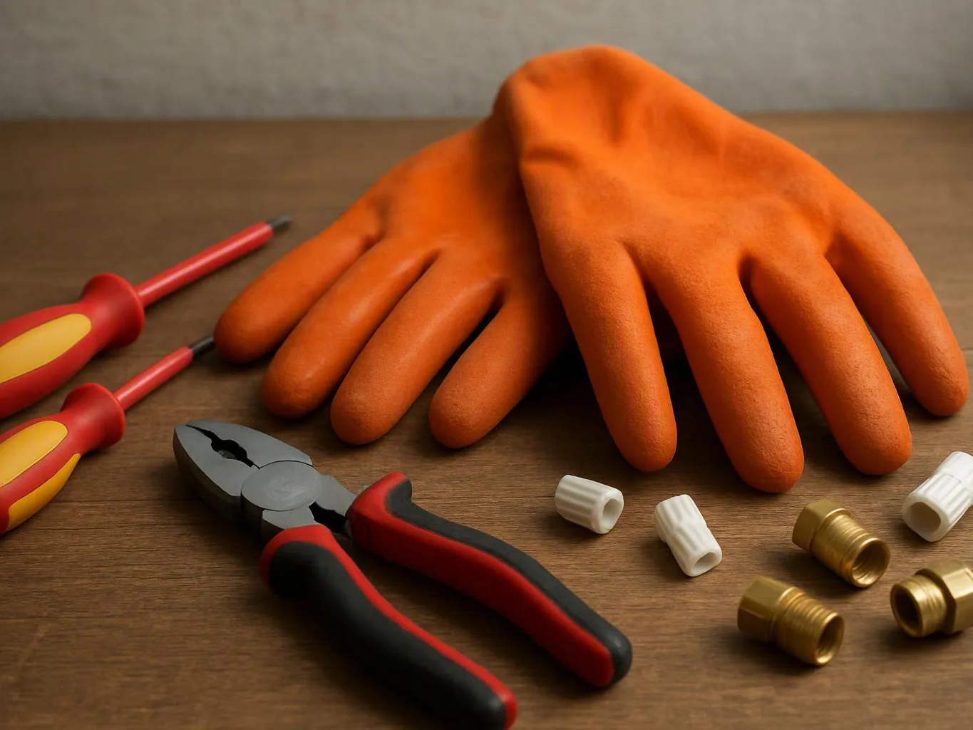 Orange work gloves rest on a wooden surface beside screwdrivers, pliers, and small fittings
